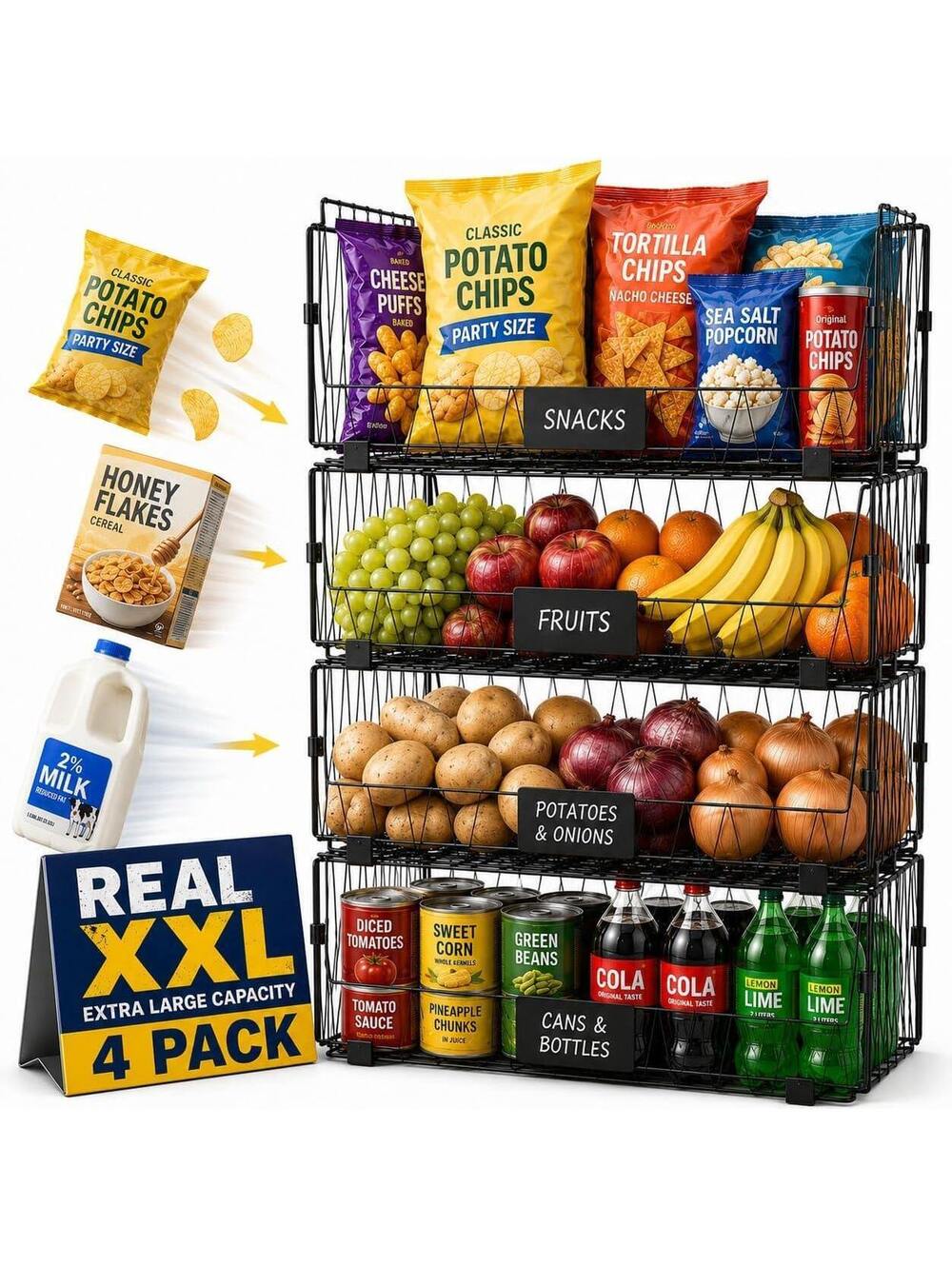 Dxlac XXL Stackable Wire Pantry Baskets with Labels, 4-Pack